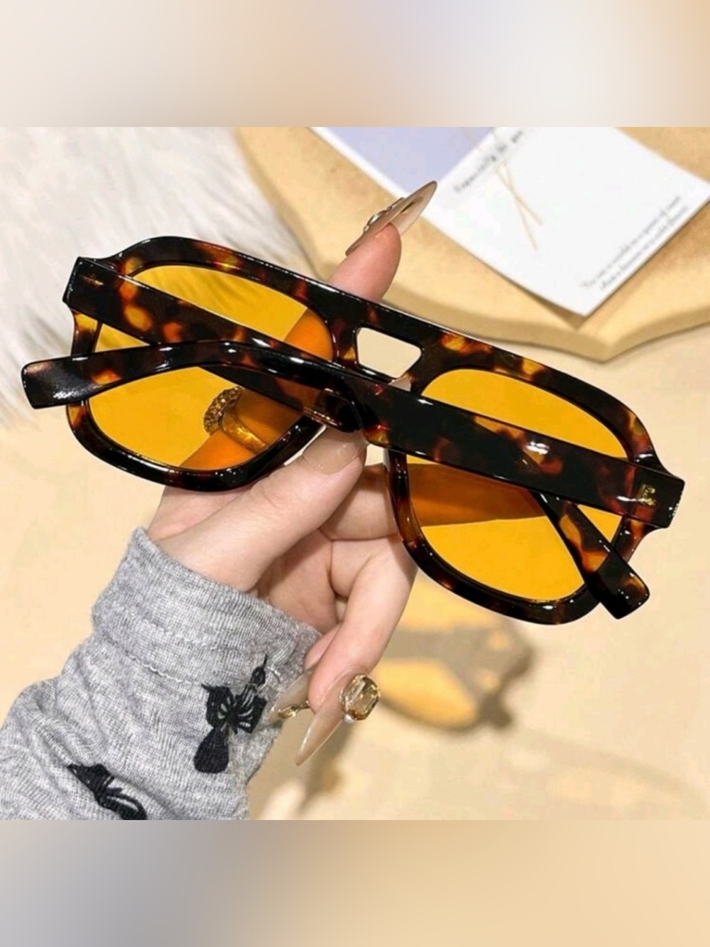 Tortoise Shell Sunglasses With Orange Lenses New Aviator Chunky Bold Unique - Picture 3 of 9